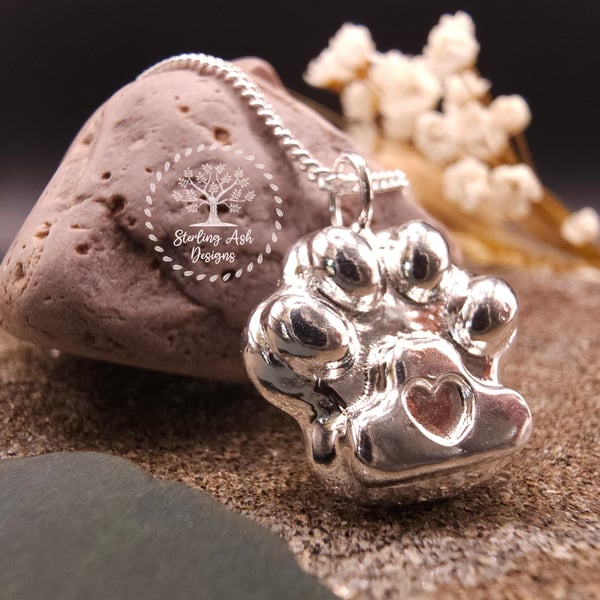 Ashes into fine silver solid dog,cat paw print pendant and sterling silver 18inc