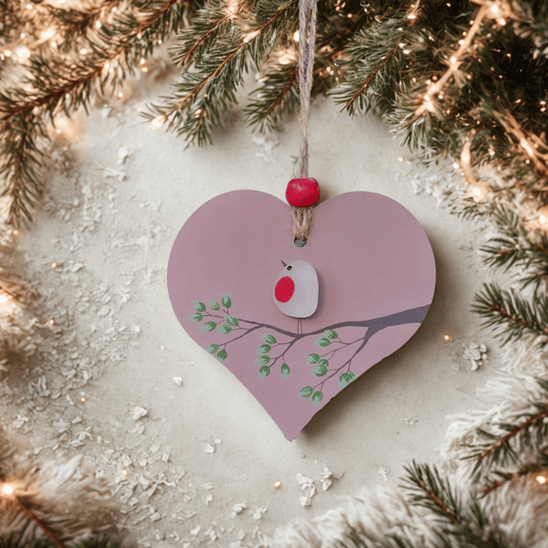 Sea Glass Robin Heart Decoration - Hand Painted Pink Hanging Ornament