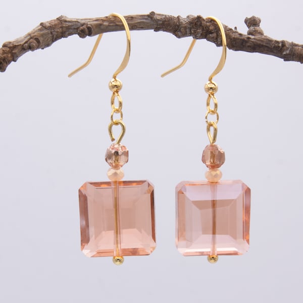 Large Peachy-Pink Faceted Square Earrings