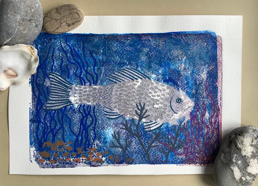 Mono print fish “Deep Blue” original hand printed