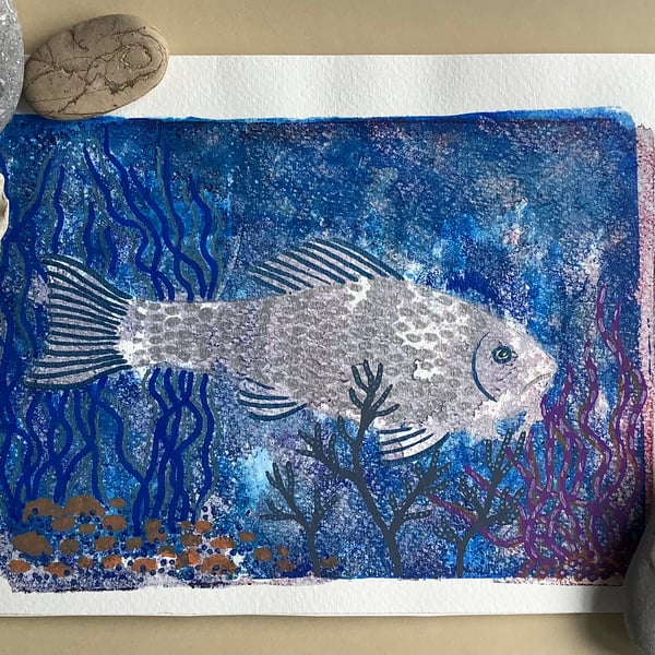 Mono print fish “Deep Blue” original hand printed