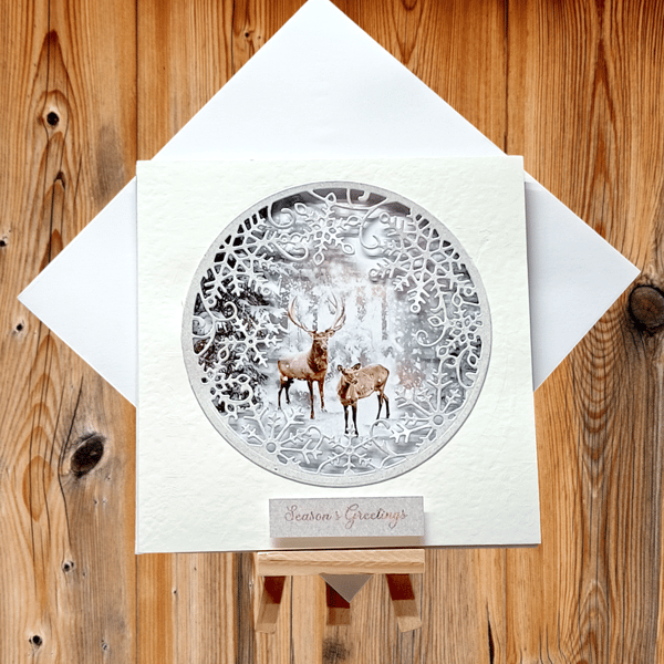 Delightful deer in snowy woodland handmade Christmas card