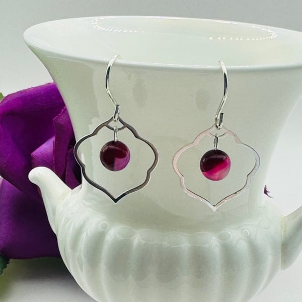 Dark Pink Magenta Agate & Sterling Silver Cloud Earrings