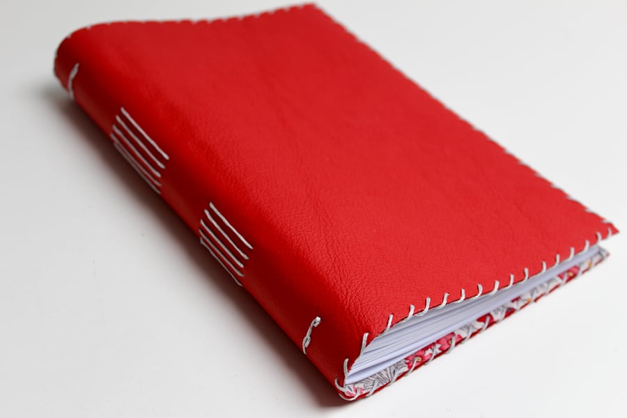 A5 Handmade Leather Red notebook sketchbook floral fabric lining plain paper 