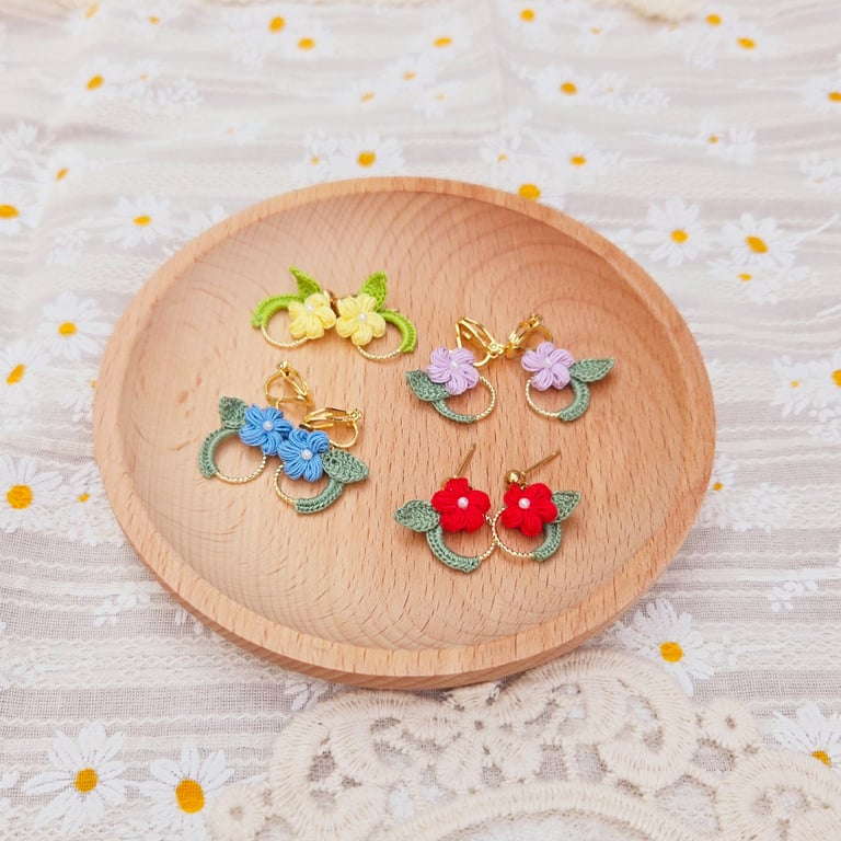 Handmade Micro Crochet Flower Wreath Earrings 