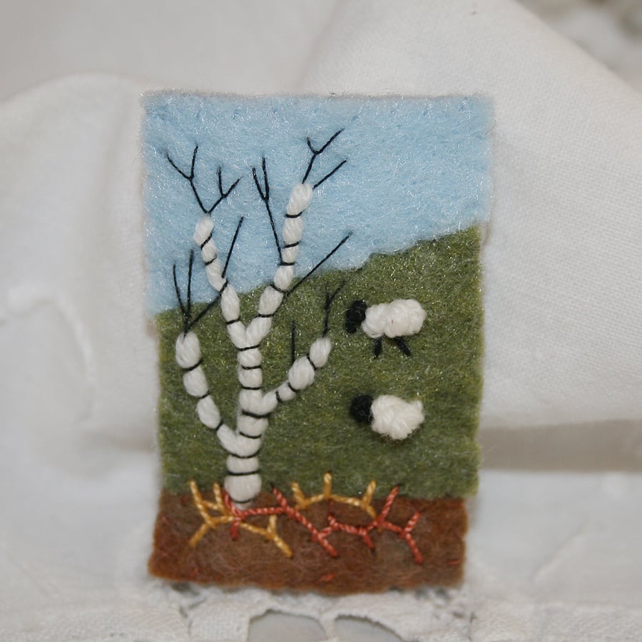 Embroidered Brooch - Early Spring Landscape sheep and silver birch
