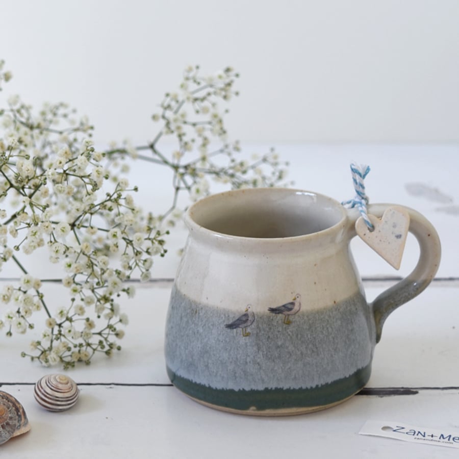 Dinky ceramic seagull coffee tea mug - handmade stoneware pottery