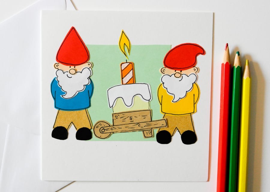 Geeting Card -Two  Gnomes with Birthday Cake Handmade Greeting Card 