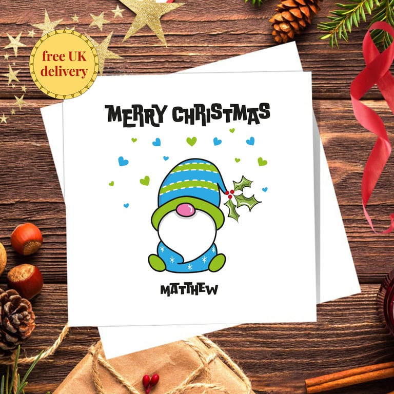 Gonk Christmas Card, blue, personalised, blank inside