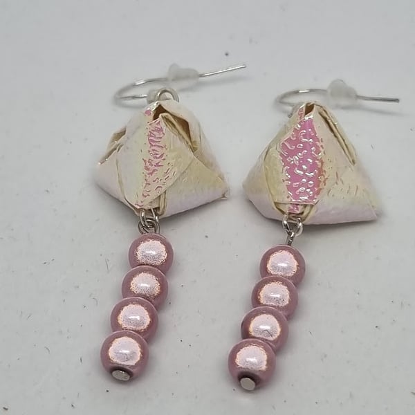 Origami earrings:  pale pink iridescent paper and miracle beads 