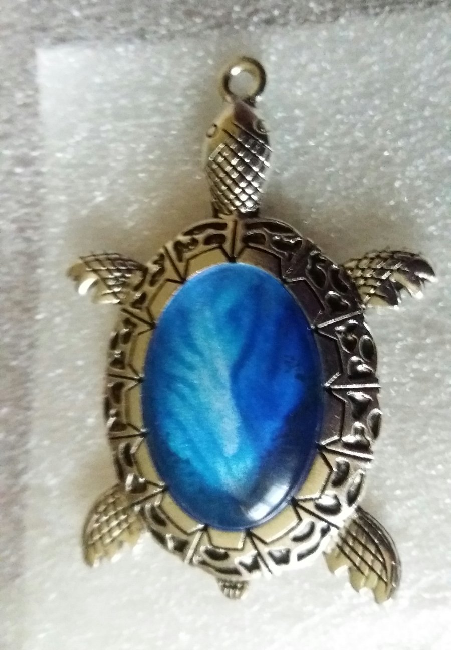 Handmade fluid art turtle pendant blue