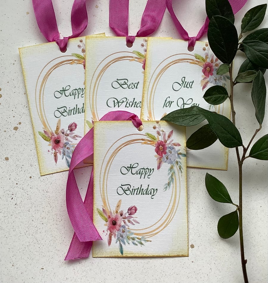 GIFT TAGS ( set of 4 ) Mixed greetings. Botanical . Floral .Pink 