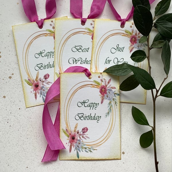 GIFT TAGS ( set of 4 ) Mixed greetings. Botanical . Floral .Pink 