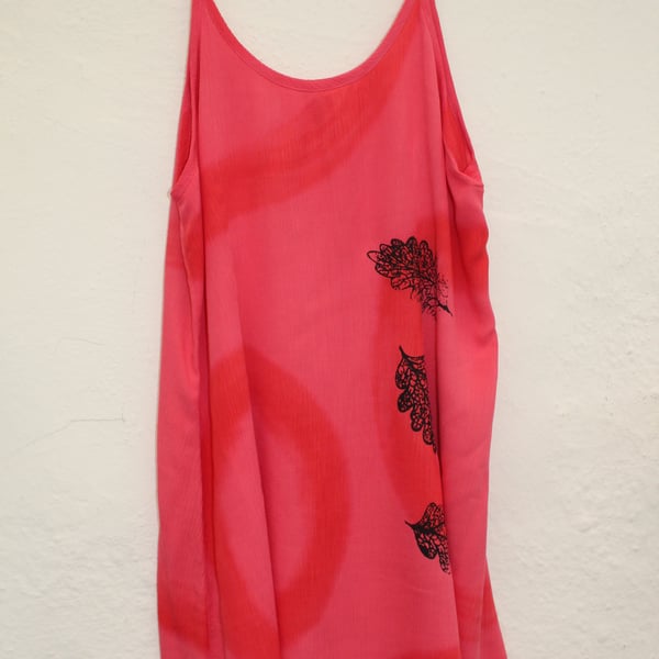 Red sun dress Vintage 90's Ladies oak leaf hand print,Re worked,up cycled