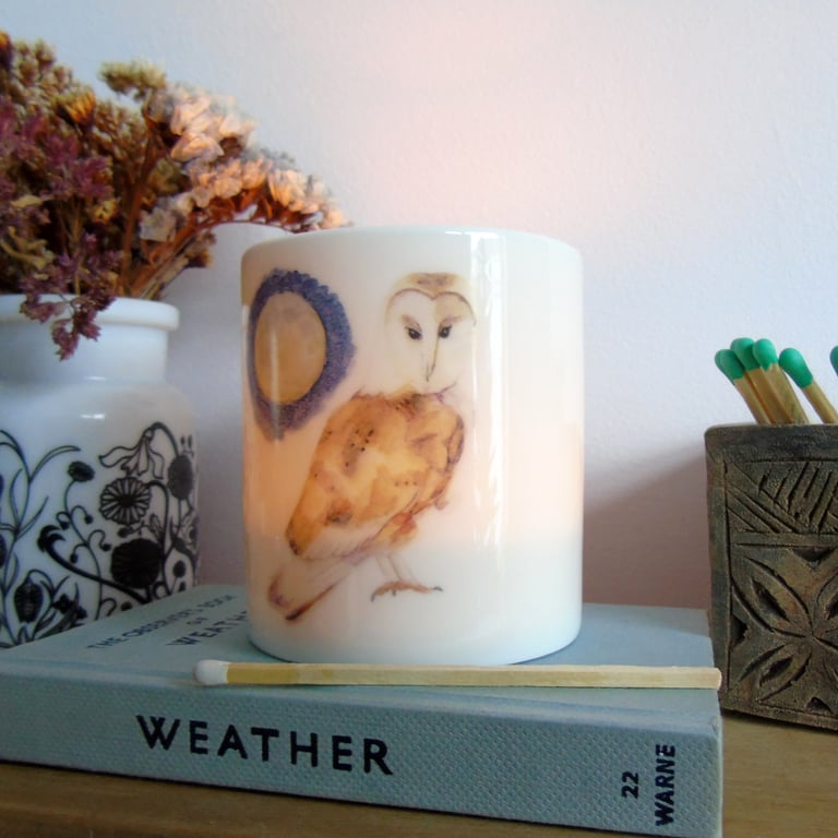 Barn owl and full moon candle holder