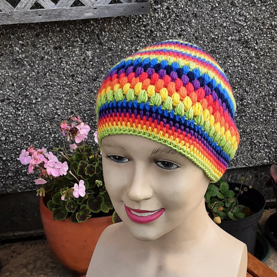 Beanie hat for adult.  Pride rainbow colours. Free UK first class postage.
