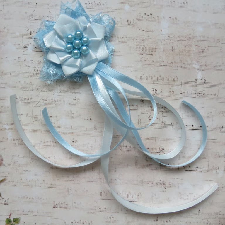 Regency Ribbons - Lace Satin Pearl Clip In Ruffle with Ribbon Trails Streamers