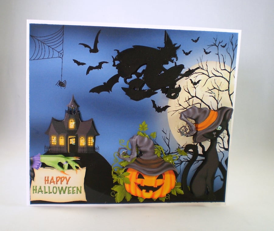 Handmade Halloween  Greeting Card,3D,witch,broomstick,cat,pumpkin