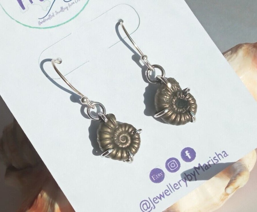 Pyrite Fossil Earrings Ammonite Sterling Silver Jewellery Gift Drop Dangle