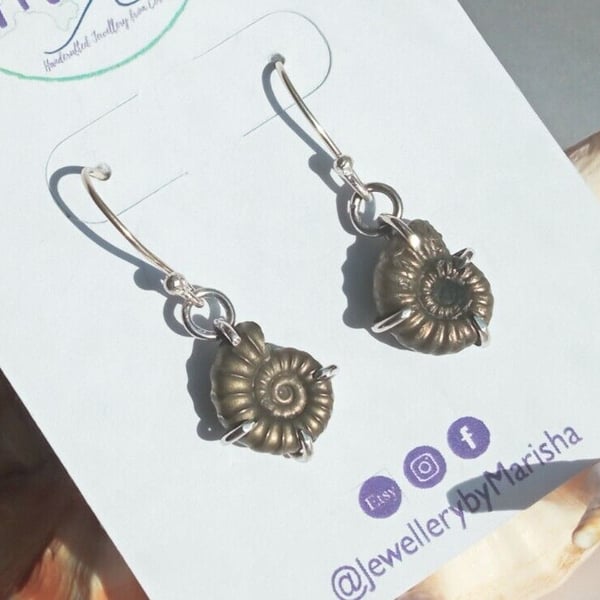 Pyrite Fossil Earrings Ammonite Sterling Silver Jewellery Gift Drop Dangle