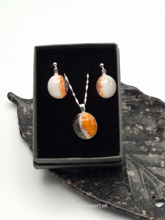 Orange and White Fused Glass French Drop Earrings and Pendant Set