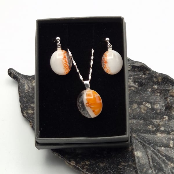 Orange and White Fused Glass French Drop Earrings and Pendant Set