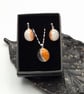 Orange and White Fused Glass French Drop Earrings and Pendant Set