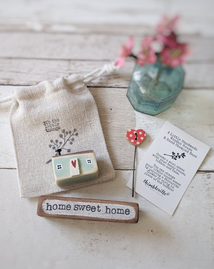 Little Wooden Painted House and Stamped Base in a Bag