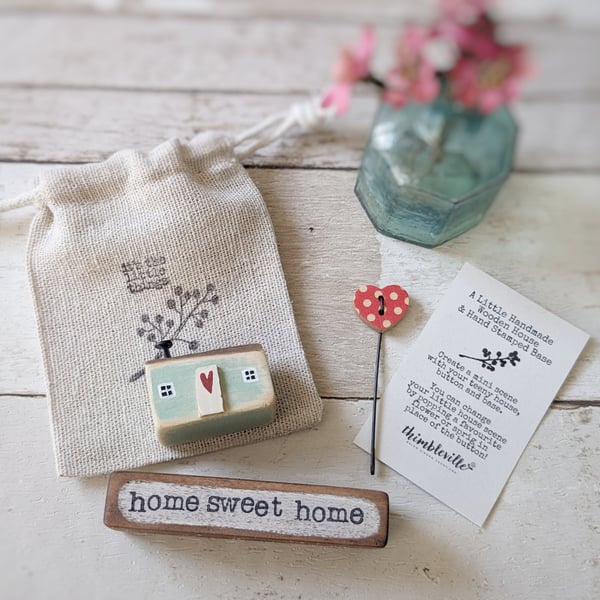 Little Wooden Painted House and Stamped Base in a Bag