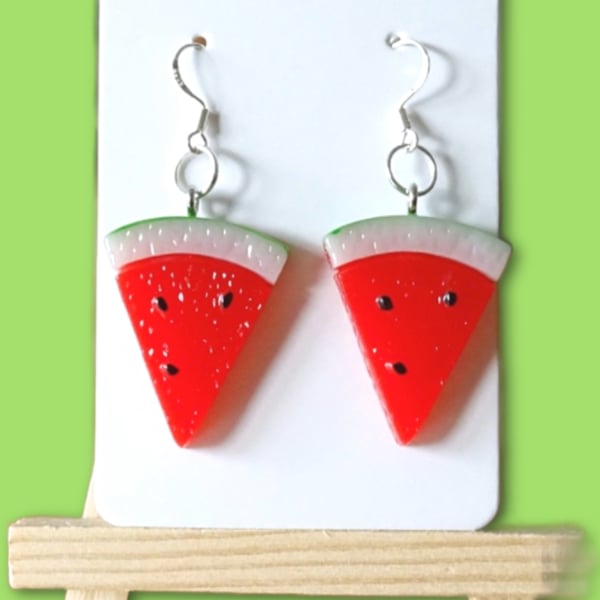 Watermelon Fruit Dangle Earrings 925 Silver Hooks, Quirky Jewellery Festivals