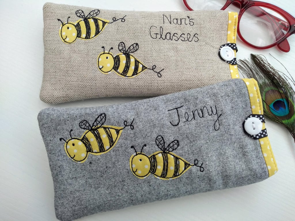 Personalised Bee Glasses Case - Spectacles or Sunglasses Pouch on Linen or Grey 