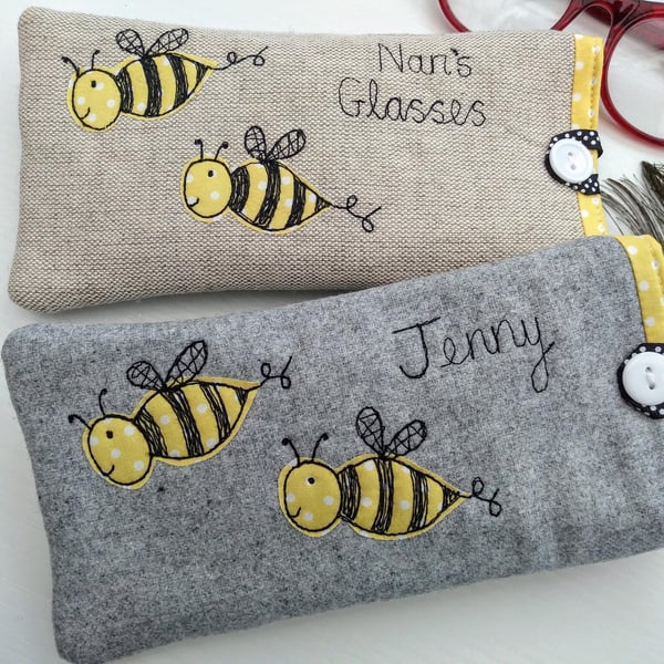 Personalised Bee Glasses Case - Spectacles or Sunglasses Pouch on Linen or Grey 