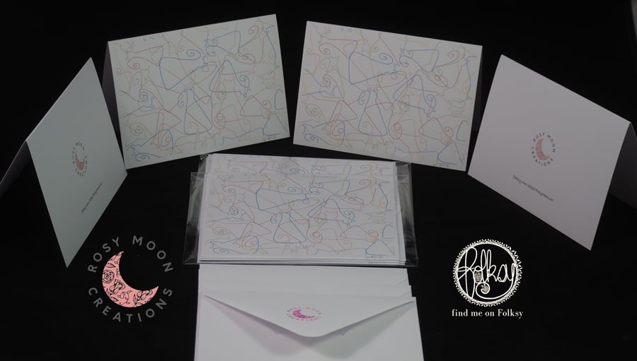 Pack of Four Hand Drawn Tumbling Cats Blank Cards