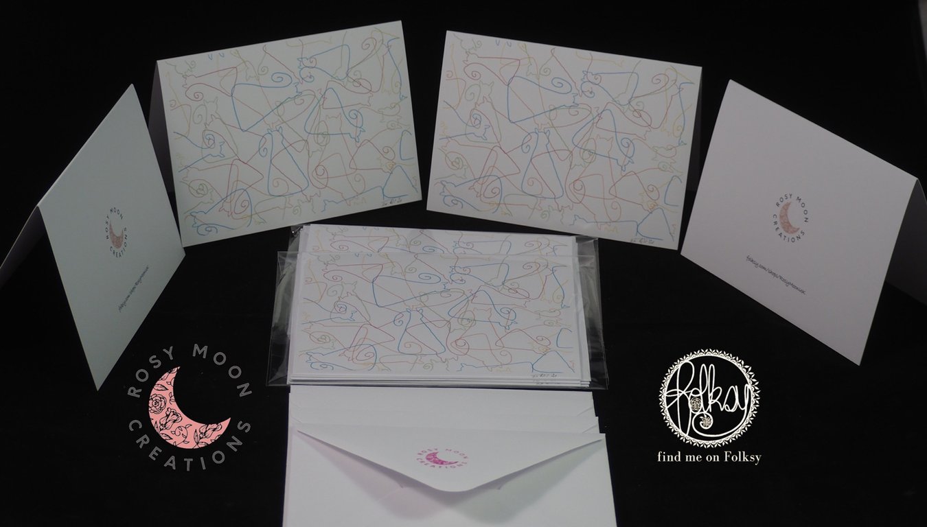 Pack of Four Hand Drawn Tumbling Cats Blank Cards