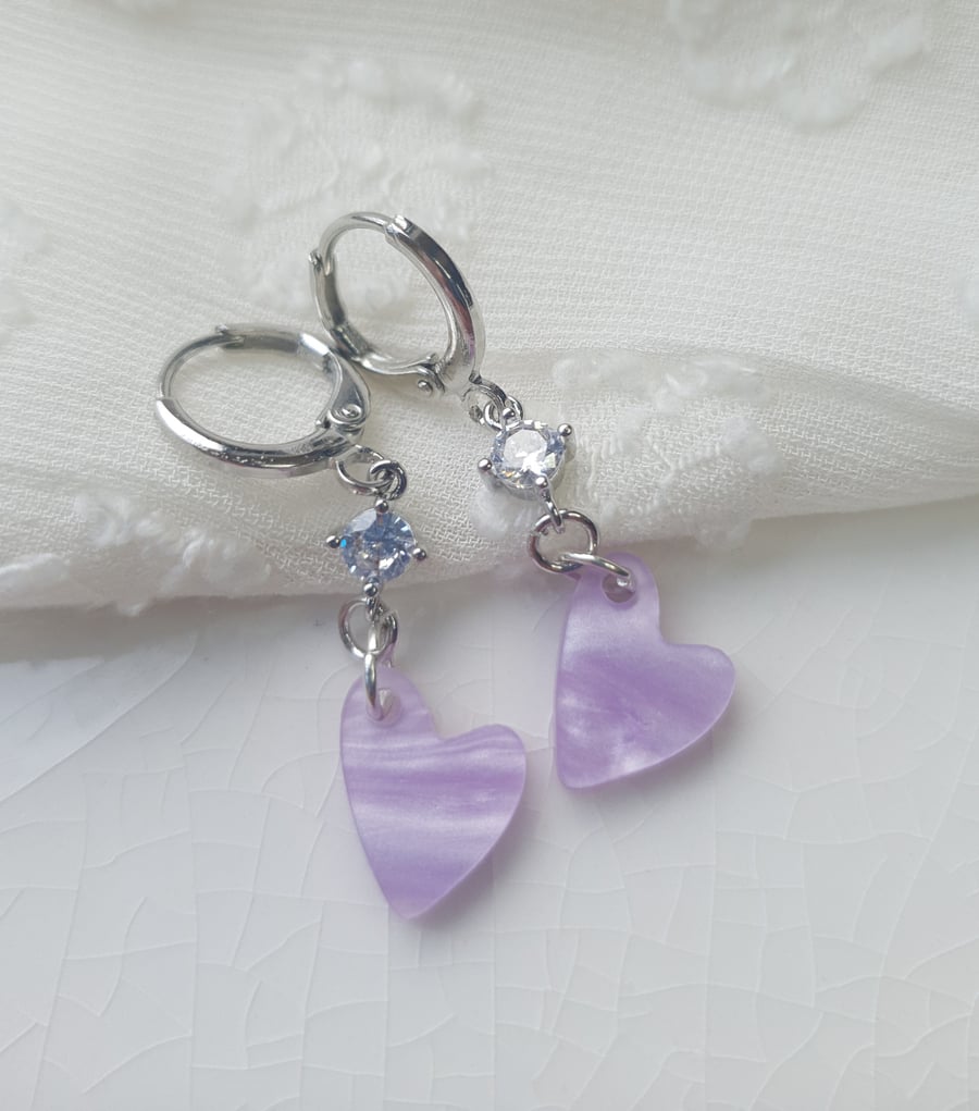 Lilac Diamante Heart Dangle Earrings