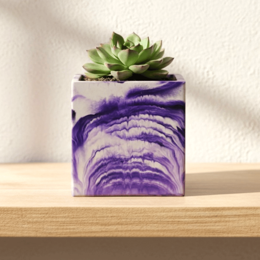 Purple Plant Pot Cube - 10 cm Unique Violet Marbled Planter