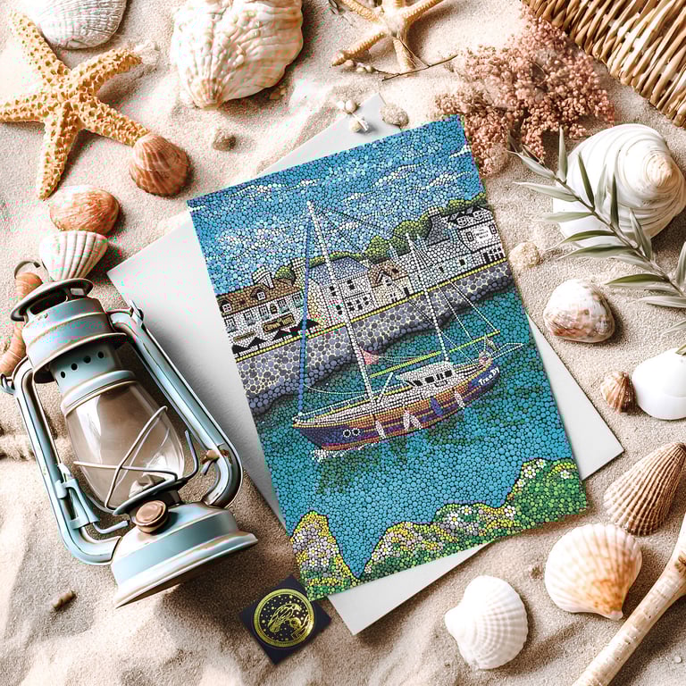 Fine Art Greeting Card, "Portpatrick"- Sailboat with a wee touch of glitter 
