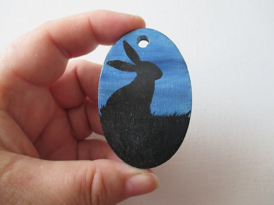 Wooden Painted Jewellery Necklace Pendant Keyring Bunny Rabbit Wood Painting
