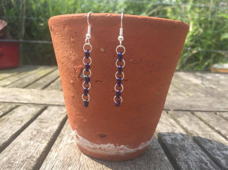 Czech Glass Blue Iridescent Bead Dangle Earrings