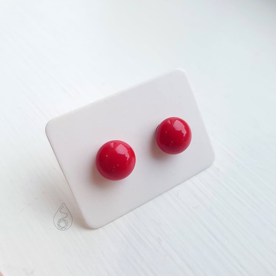 Fused Glass Stud Earrings - Bright Red