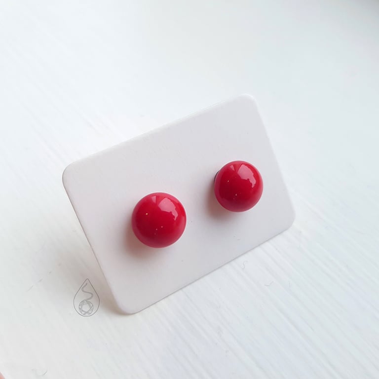 Fused Glass Stud Earrings - Bright Red