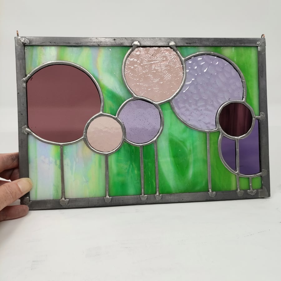 SOLD Lollipop allium flowers abstract stained glass panel. copperfoil and lead 
