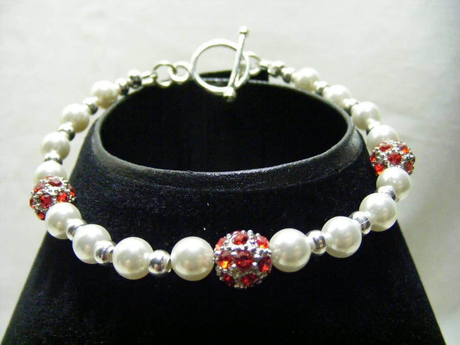 Red Rhinestone  and Shell Pearl Bracelet
