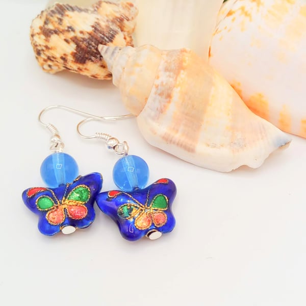 Bright Blue Cloisonne Butterfly and Glass Bead Earrings, Gift for Her, Earrings
