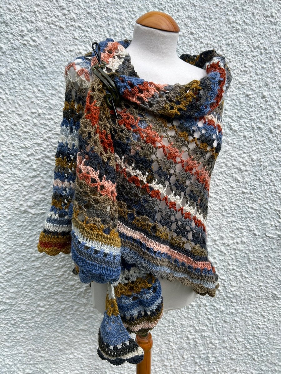 Autumn hues wool rich lace crochet triangle wrap shawl 