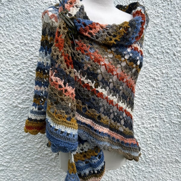 Autumn hues wool rich lace crochet triangle wrap shawl 