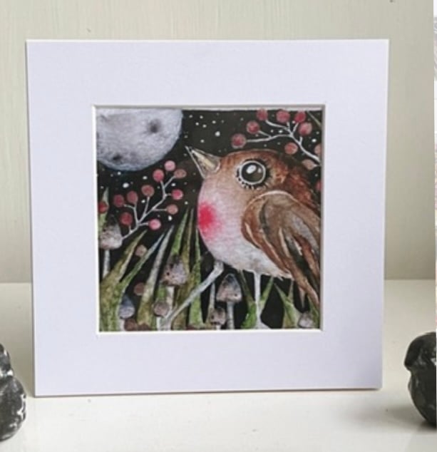 Mounted Whimsical Moon Gazing Bird Watercolour Print 