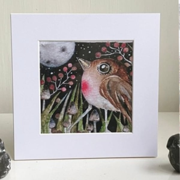 Mounted Whimsical Moon Gazing Bird Watercolour Print 