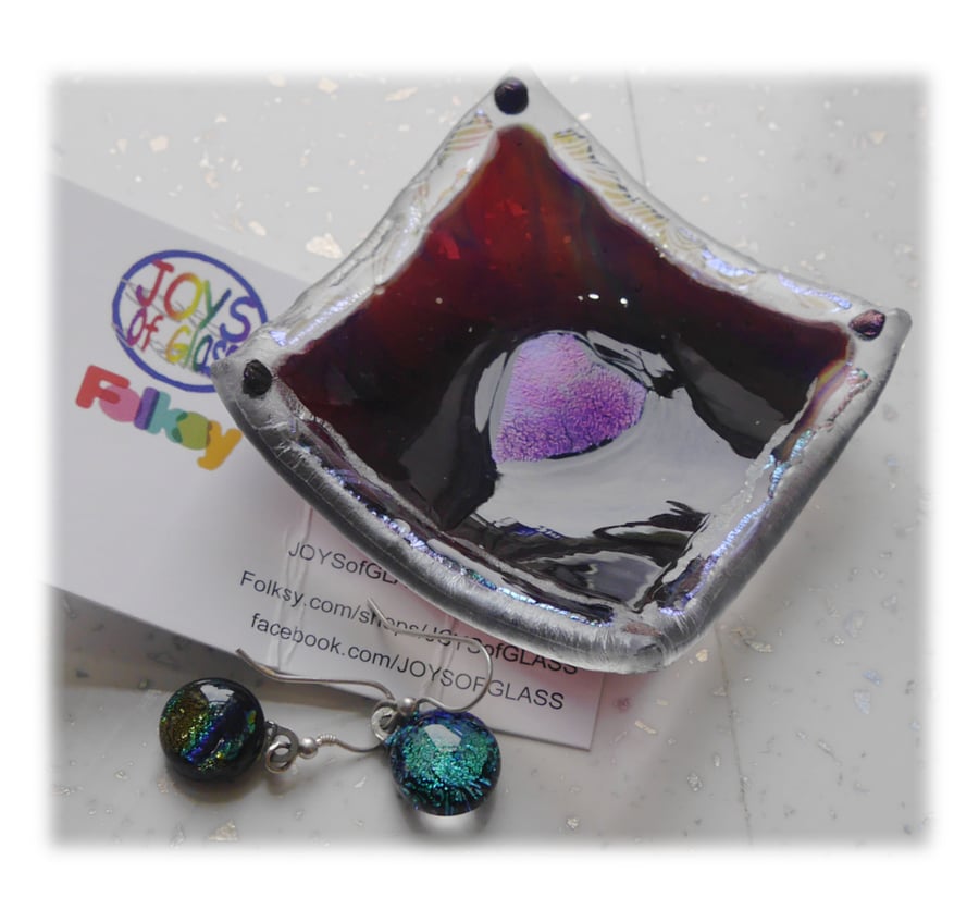 SOLD Earring Ring Dish Fused Glass 6.5cm Streaky Plum Dichroic Heart 018