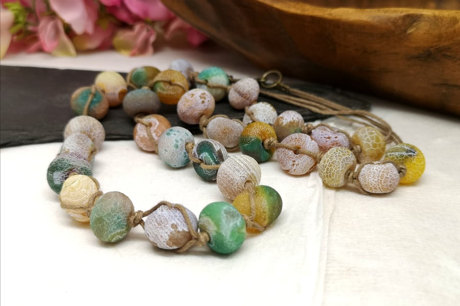 Crazy agate knotted cord green, yellow, brown and orange necklace, toggle clasp 